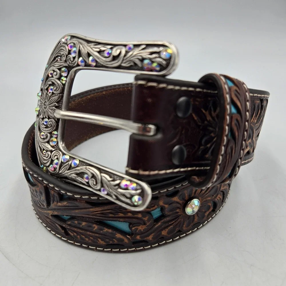 Ariat Women's Western Leather Small Laser Cut Floral Turquoise Rhinestone 36
